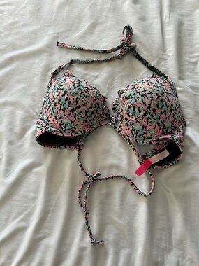 Victoria's Secret Pink Mint Blue Floral Print Halter Bikini Top